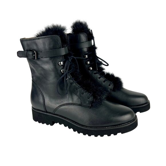 Franco Sarto Womens Canon Black Leather Combat Boots Faux Fur Waterproof size 7 - Picture 1 of 16